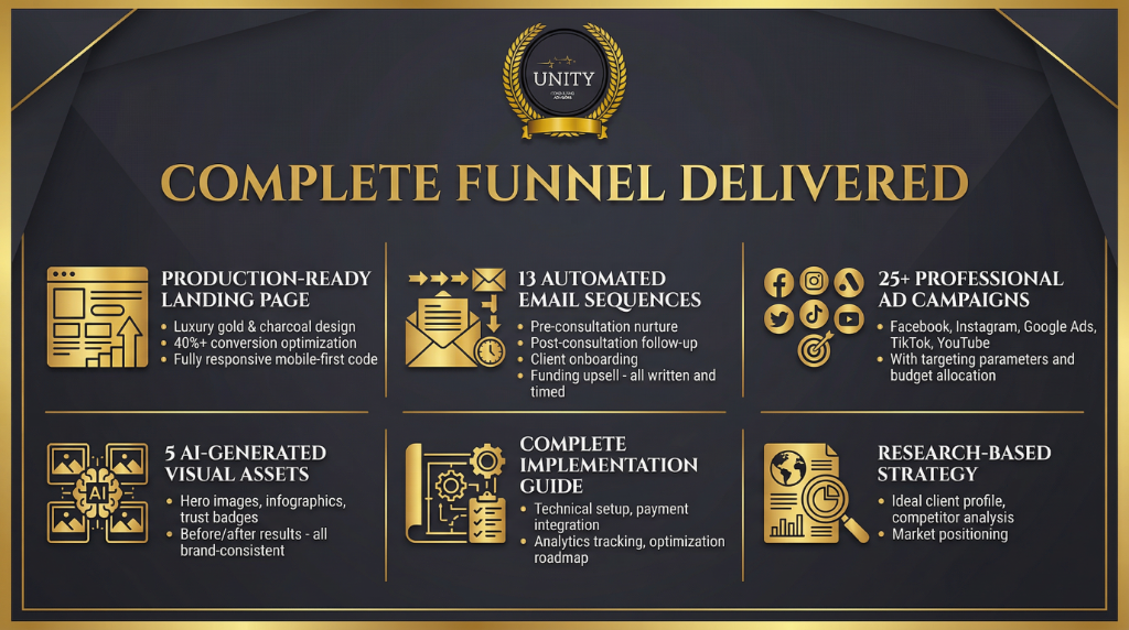 Complete Funnel Delivered - Landing Page, Email Sequences, Ad Campaigns, Visual Assets, Implementation Guide, Strategy